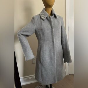 KARL LAGERFELD Gray Wool Coat with Pearl Embellished Collar (S)